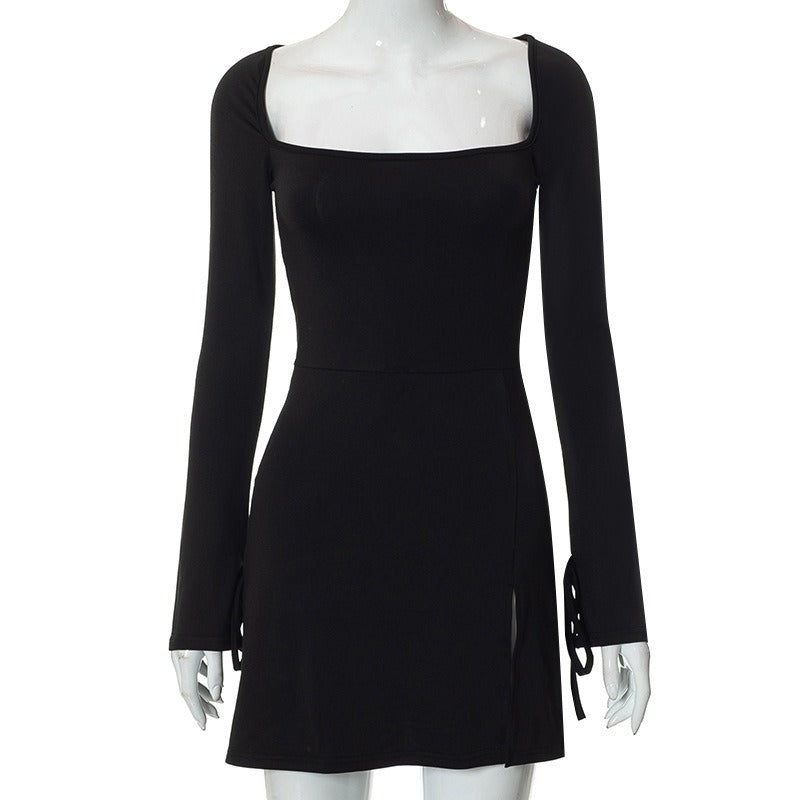 Q22DS564 ins Women's Autumn New Style Square Neck Long Sleeve Slim Wrap Hip Split French Dress