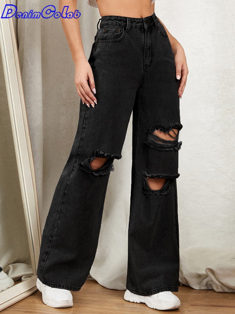 Hole Washed Wide Leg Pants Jeans Women Loose Boyfriend Jeans 100% Cotton Mom Jeans Casual Trousers Denim Pants - trendy chick