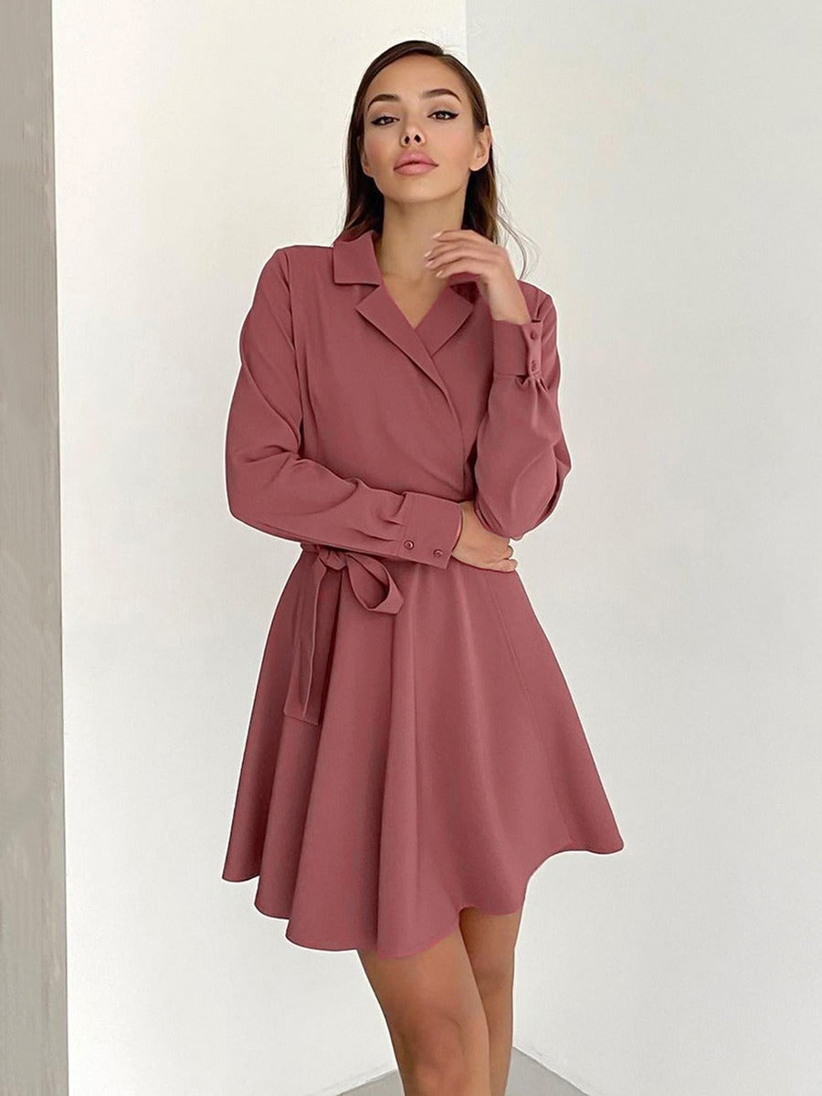 Spring New Elegant Suit Collar Long Sleeve Lace up Dress Bowknot High Waist A-line Dress