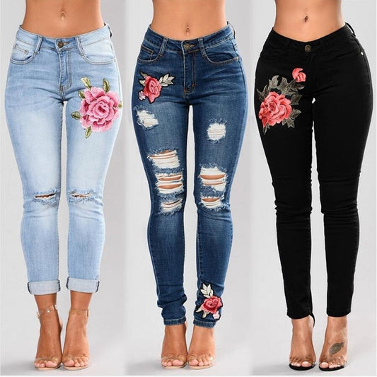 Stretch Embroidered Jeans For Women Elastic Flower Jeans Female Slim Denim Pants Hole Ripped Rose Pattern Jeans Pantalon Femme - trendy chick