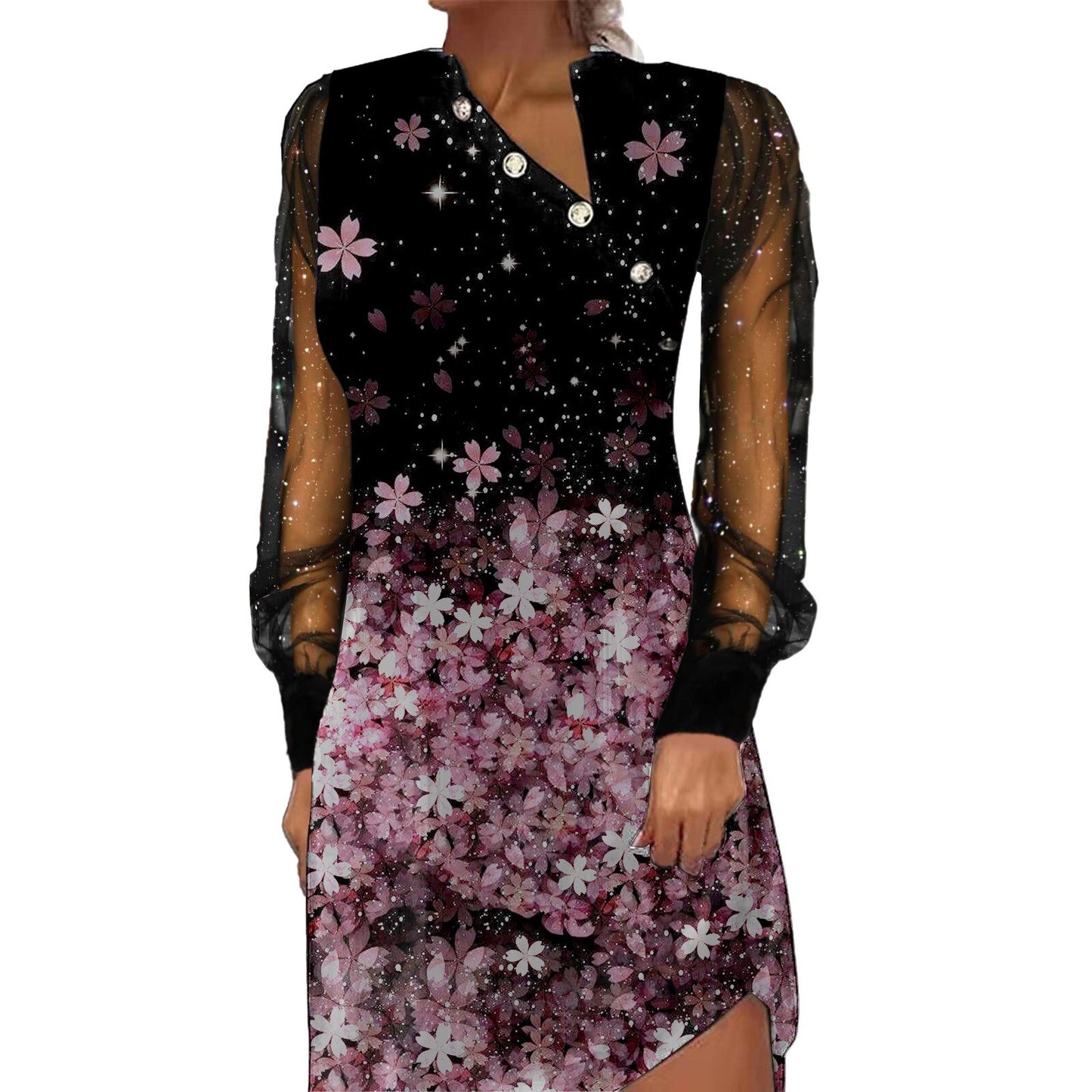 Spring And Summer New Button Mesh Splicing Digital Printing Long Sleeve Dress