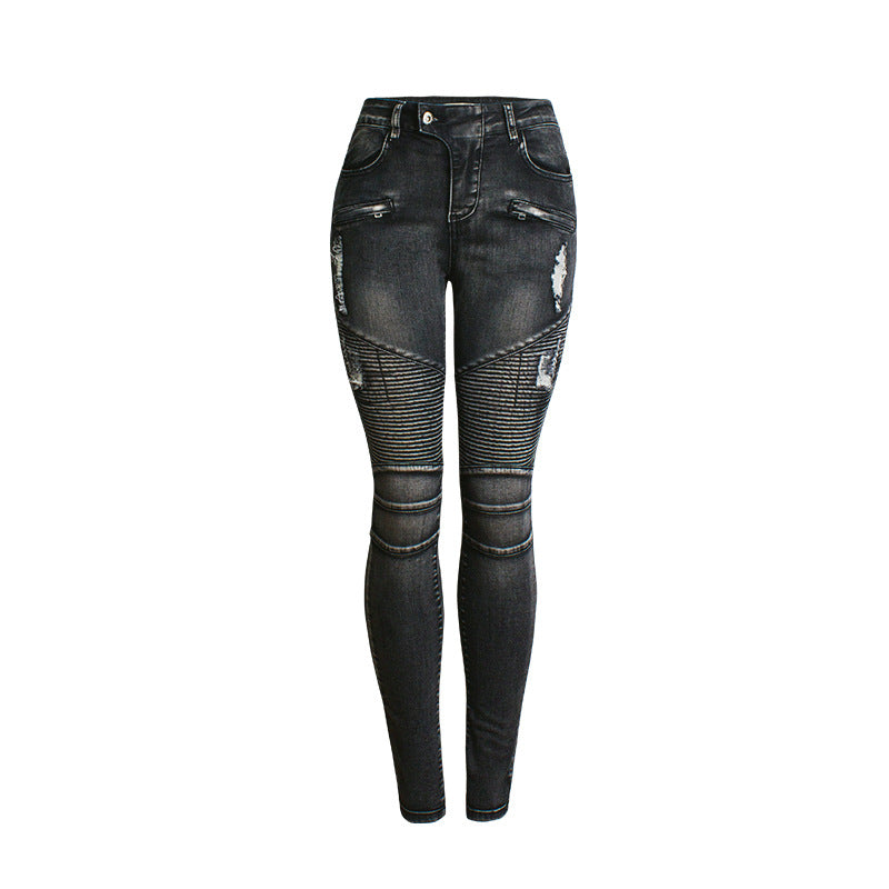 Motorcycle Style Women's Ripped Hole Slim Elastic Thin Denim Pencil Pants Pencil Pants