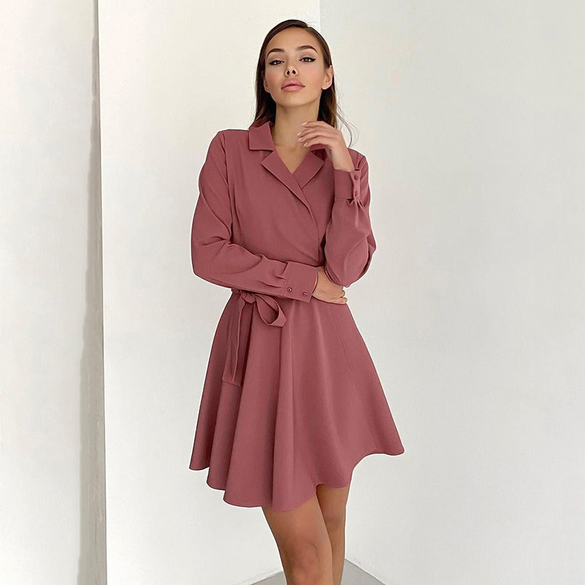 Spring New Elegant Suit Collar Long Sleeve Lace up Dress Bowknot High Waist A-line Dress