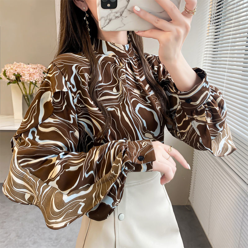 Spring Autumn Women's Clothing Stripe Print Lantern Sleeve Tops Elegant Fashion Loose Chiffon O Neck Comfortable Wild T-shirts