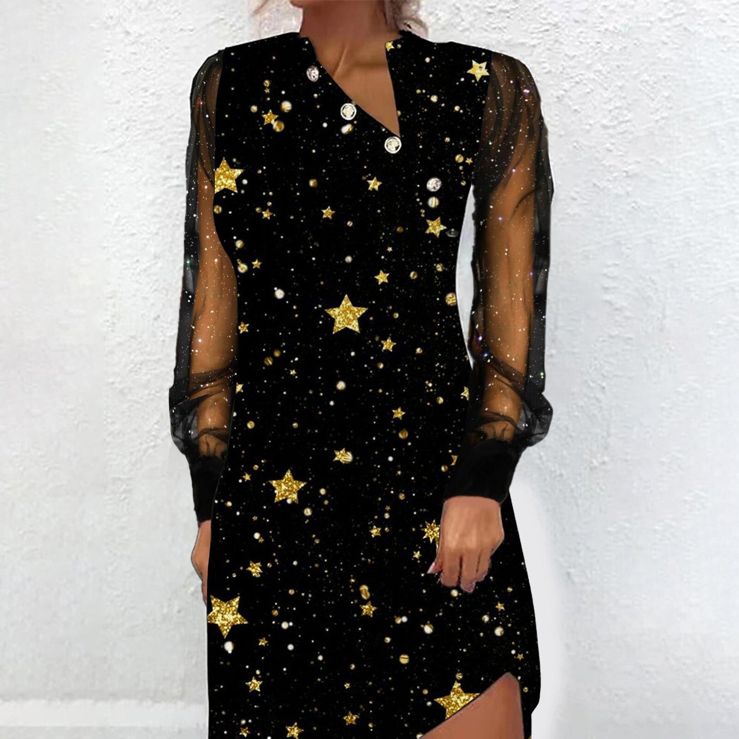 Spring And Summer New Button Mesh Splicing Digital Printing Long Sleeve Dress