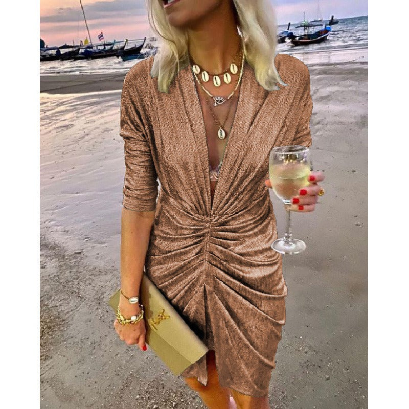 New Sexy V-Neck Pleated Long Sleeve Dress Casual Loose Party Bright Dress