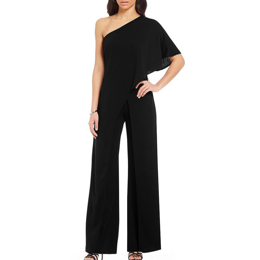 One Shoulder Jumpsuit Casual Solid Off Shoulder Ruffles High Waist Wide Leg Pants Jumpsuit - trendy chick