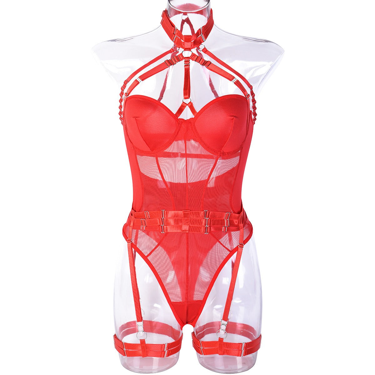 Erotic One-Piece Ins Mesh Straps Spliced Heavy Craft Hanging Neck With Leg Rings Underwear