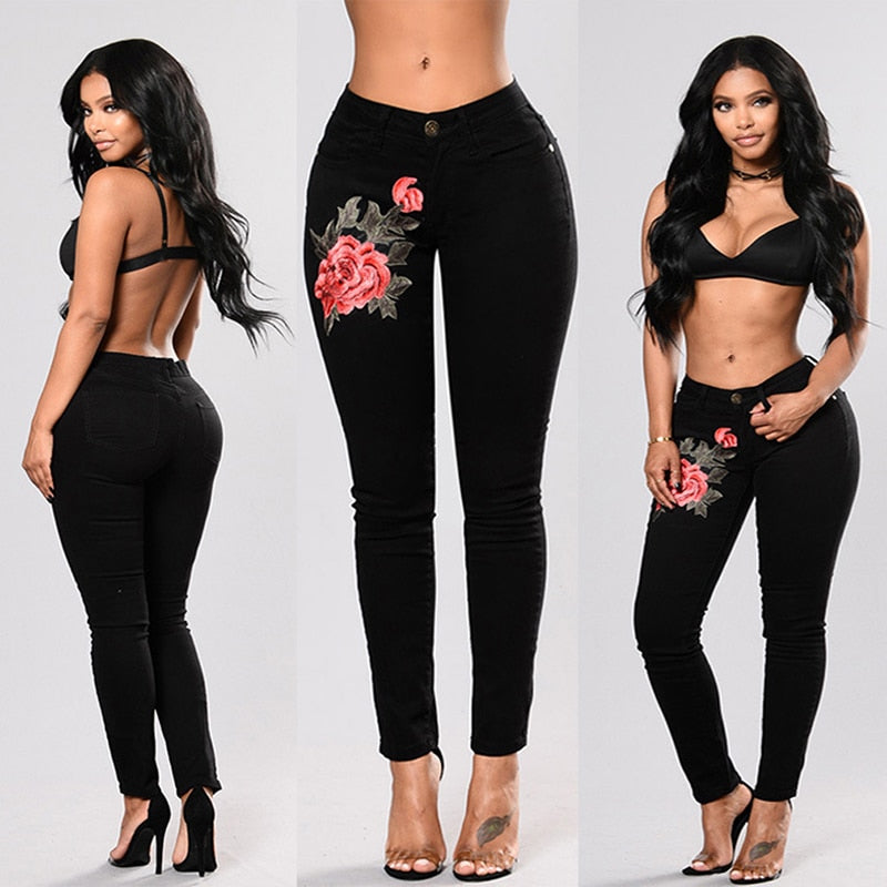 Stretch Embroidered Jeans For Women Elastic Flower Jeans Female Slim Denim Pants Hole Ripped Rose Pattern Jeans Pantalon Femme - trendy chick