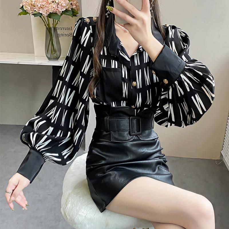 Office Lady Turn-down Collar Button Open Stitch Thin Blouses Print Lantern Sleeve Straight Women Shirt Spring Autumn Clothing