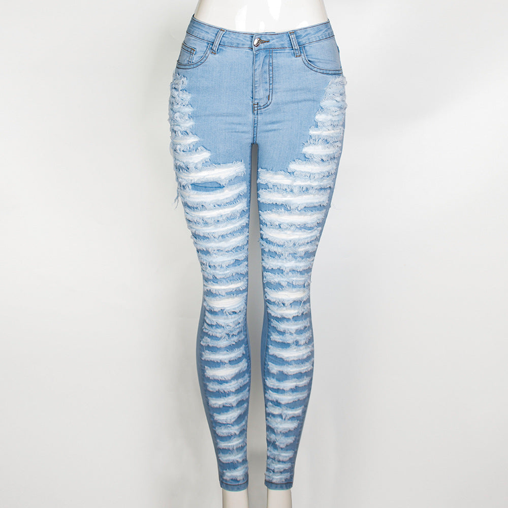 Sexy Personality Ripped Hole Washed Slim Stretch Denim Beggar Pencil Pants