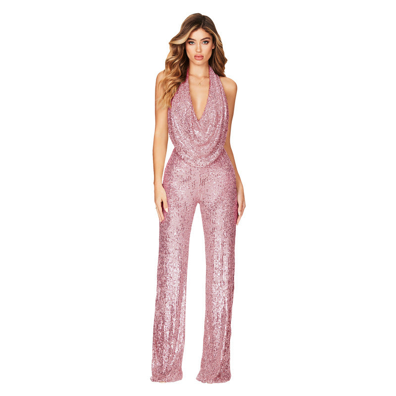 Summer New Jumpsuit Women's Sleeveless Halterneck Sequin Jumpsuit