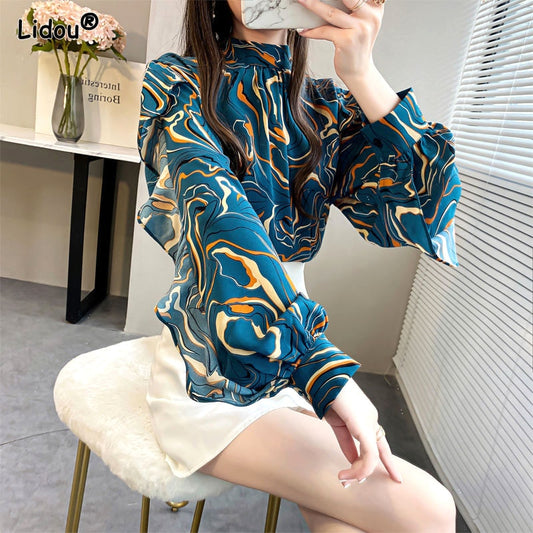 Spring Autumn Women's Clothing Stripe Print Lantern Sleeve Tops Elegant Fashion Loose Chiffon O Neck Comfortable Wild T-shirts