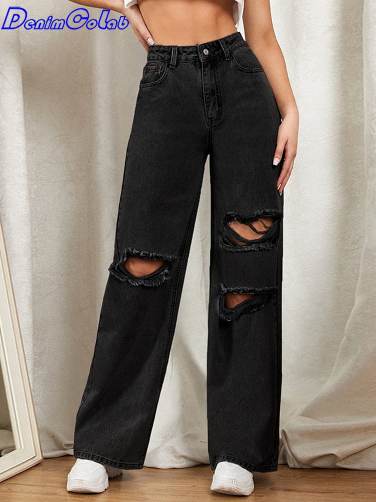 Hole Washed Wide Leg Pants Jeans Women Loose Boyfriend Jeans 100% Cotton Mom Jeans Casual Trousers Denim Pants - trendy chick