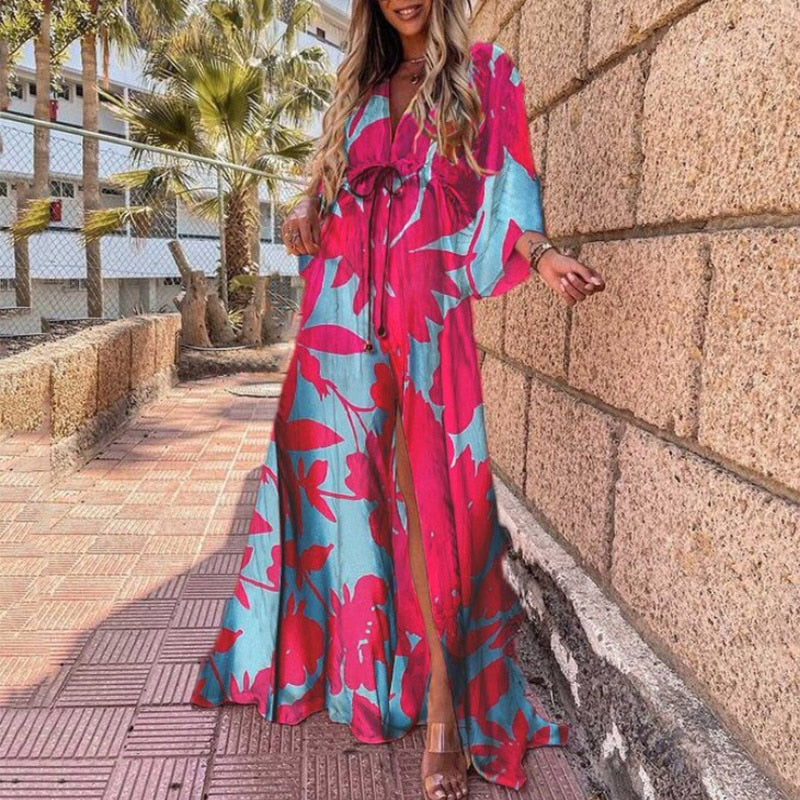 Elegant Deep V Neck Printing Hem Maxi Dresses Women Casual Button Elastic Waist Long Party Dress Summer Loose Slit Beach Dress - trendy chick