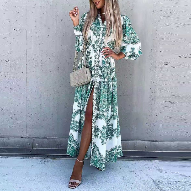 Elegant Deep V Neck Printing Hem Maxi Dresses Women Casual Button Elastic Waist Long Party Dress Summer Loose Slit Beach Dress - trendy chick