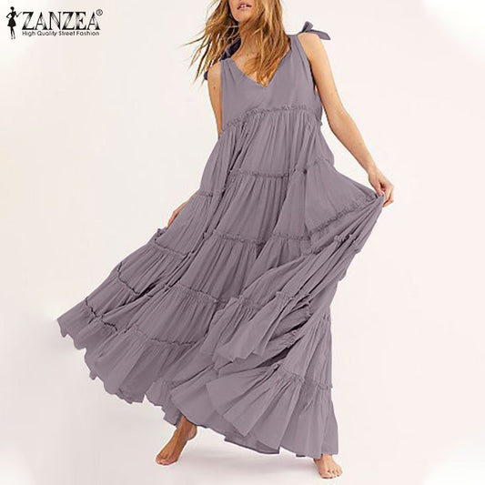 Bohemian Ruffle Dress Women's Summer Sundress ZANZEA Casual Spaghetti Strap Tank Vestidos Female V Neck Beach Robe - trendy chick