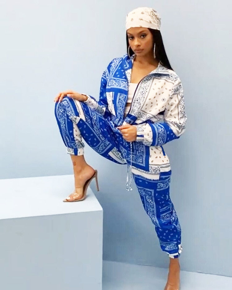 Paisley Bandana Print Two 2 Piece Set Women Fitness Sweatsuit Zipper Up Sweatshirt + Jogger Pants Set Tracksuit Vintage Outfits - trendy chick