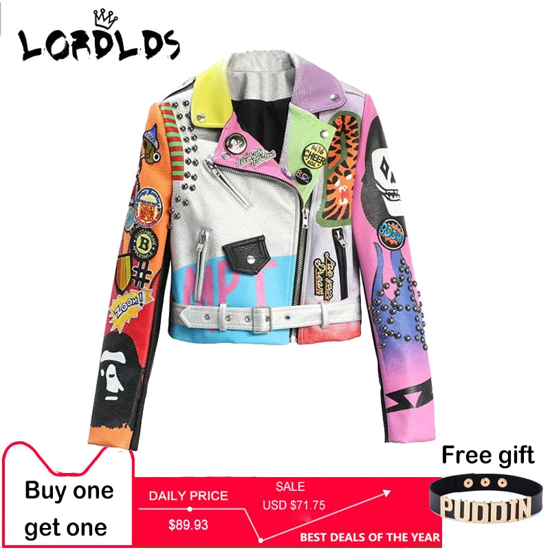 LORDLDS Cropped Leather Jackets Women Hip hop Colorful Studded Coat New Spring Ladies Motorcycle Punk Cropped Jacket with belt - trendy chick