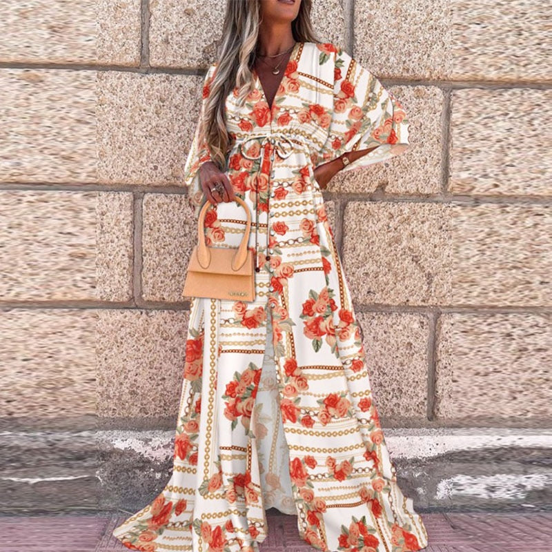 Elegant Deep V Neck Printing Hem Maxi Dresses Women Casual Button Elastic Waist Long Party Dress Summer Loose Slit Beach Dress - trendy chick