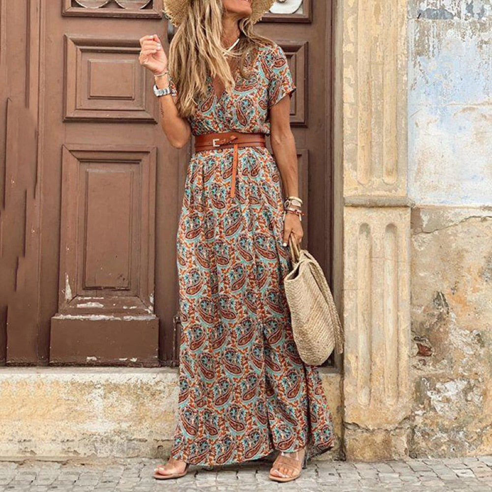 HOT SALE!! Boho Women V Neck Short Sleeve Paisley Print Belt Large Hem Beach Long Dress print dress summer beach dress with belt - trendy chick