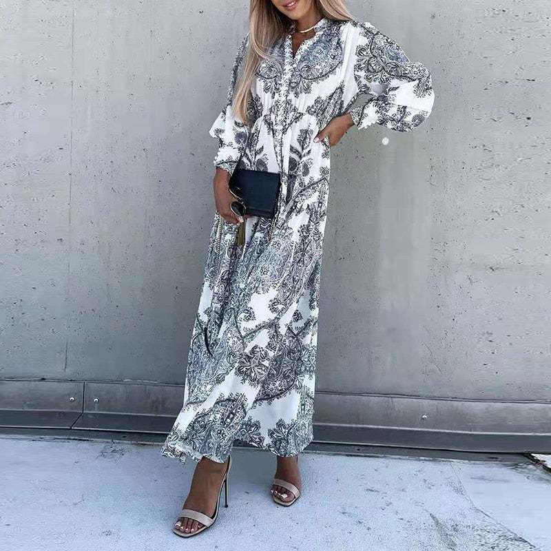 Elegant Deep V Neck Printing Hem Maxi Dresses Women Casual Button Elastic Waist Long Party Dress Summer Loose Slit Beach Dress - trendy chick