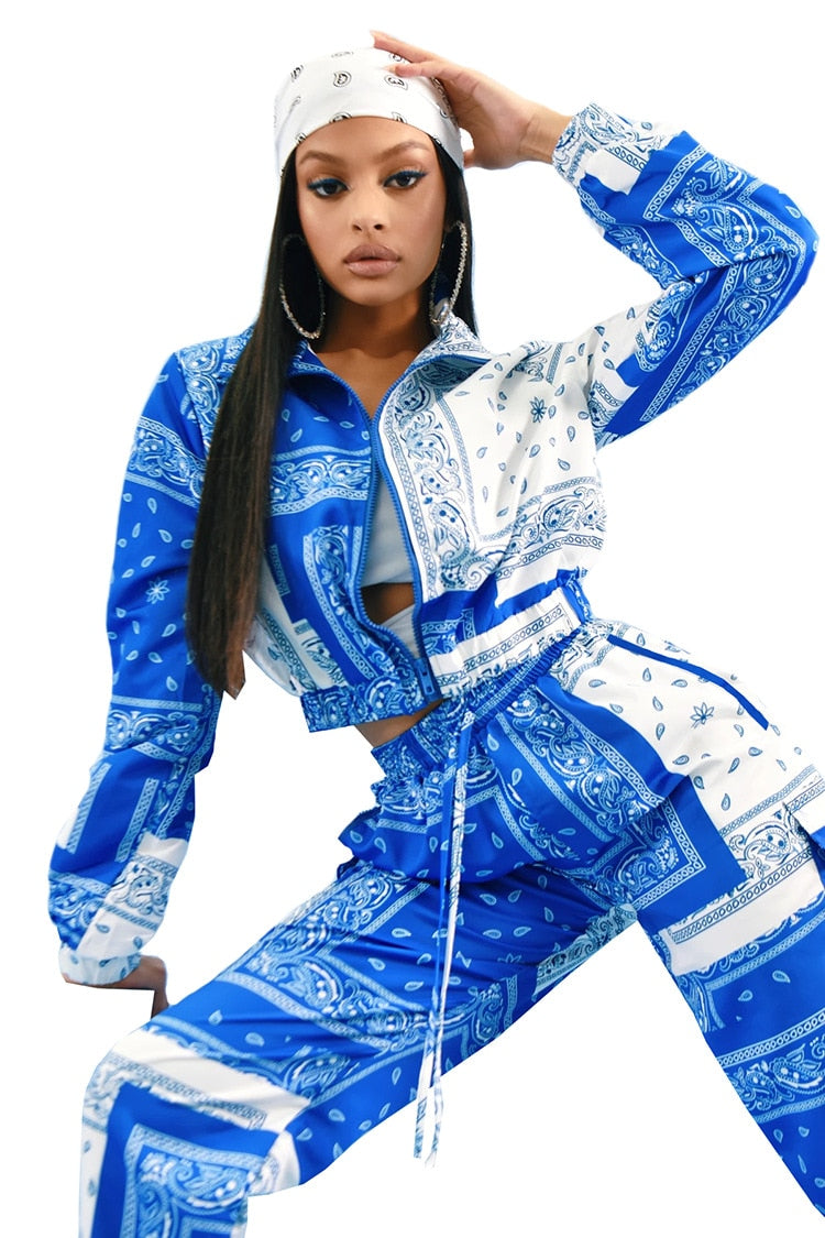 Paisley Bandana Print Two 2 Piece Set Women Fitness Sweatsuit Zipper Up Sweatshirt + Jogger Pants Set Tracksuit Vintage Outfits - trendy chick