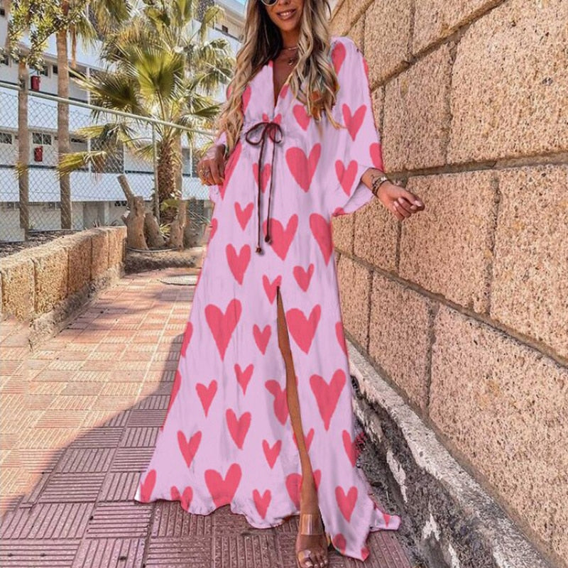 Elegant Deep V Neck Printing Hem Maxi Dresses Women Casual Button Elastic Waist Long Party Dress Summer Loose Slit Beach Dress - trendy chick