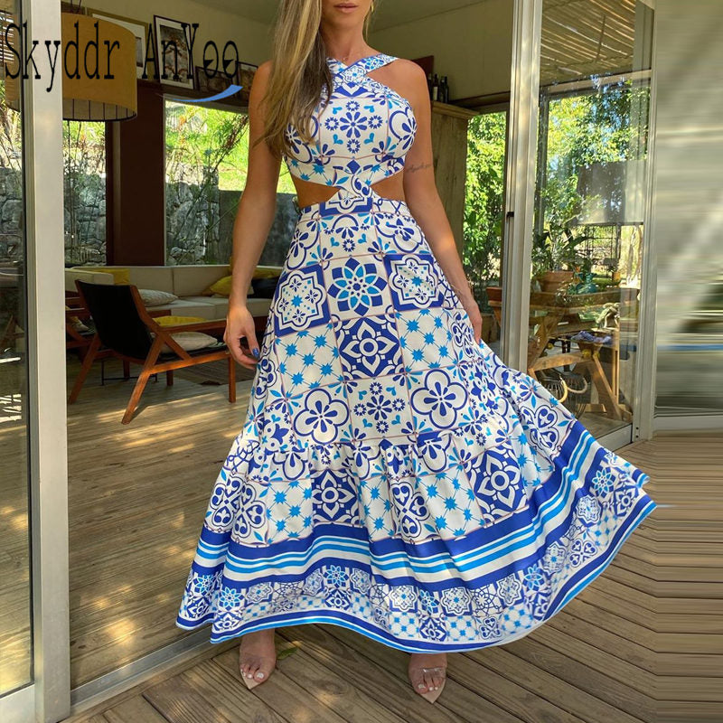 Vintage Printed Dresses Summer 2022 Women Sleeveless Halter Sexy Long Dress A-Line Elegant Woman Pary Dress - trendy chick