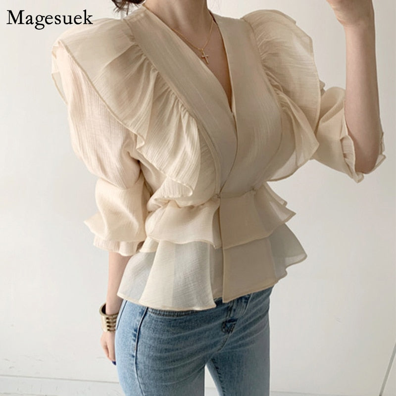 Fashion Vintage Chiffon Blouse Women 2021 New Puff Sleeve Ruffles V-neck Shirt Women Silm Casual Womens Blouses Tops Mujer 10334 - trendy chick