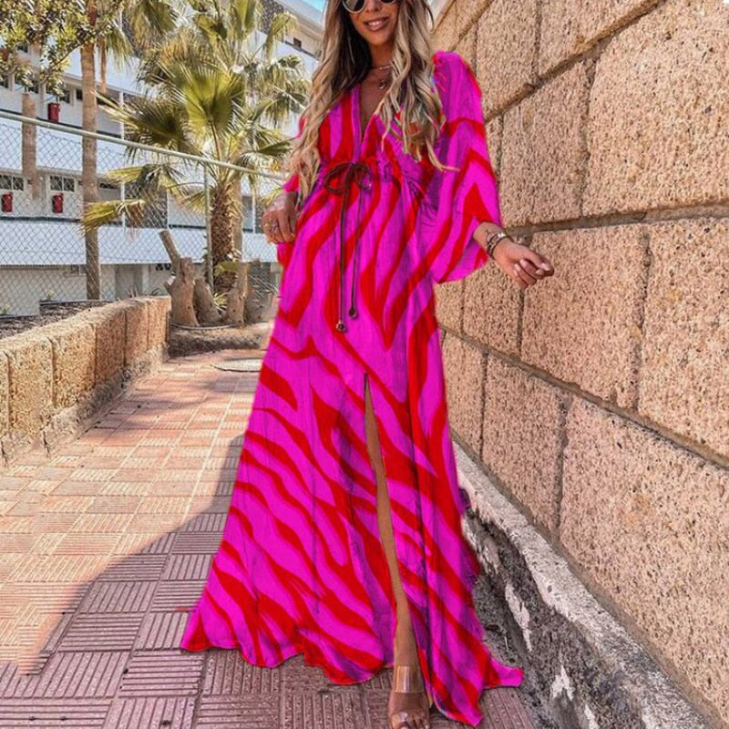 Elegant Deep V Neck Printing Hem Maxi Dresses Women Casual Button Elastic Waist Long Party Dress Summer Loose Slit Beach Dress - trendy chick