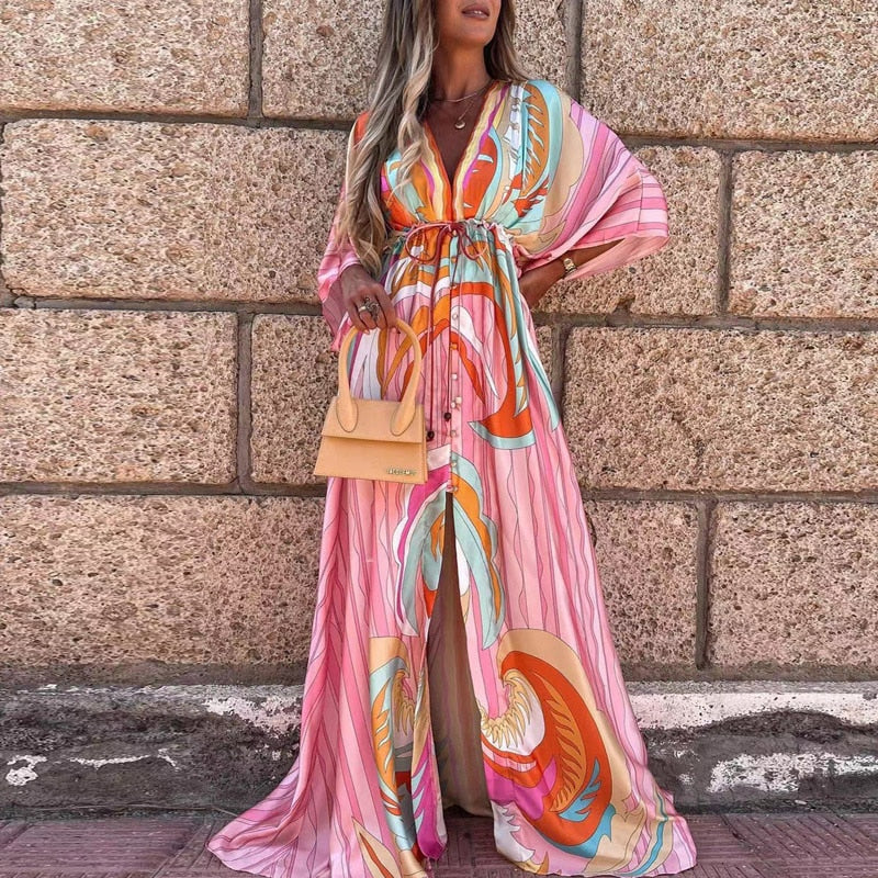 Elegant Deep V Neck Printing Hem Maxi Dresses Women Casual Button Elastic Waist Long Party Dress Summer Loose Slit Beach Dress - trendy chick