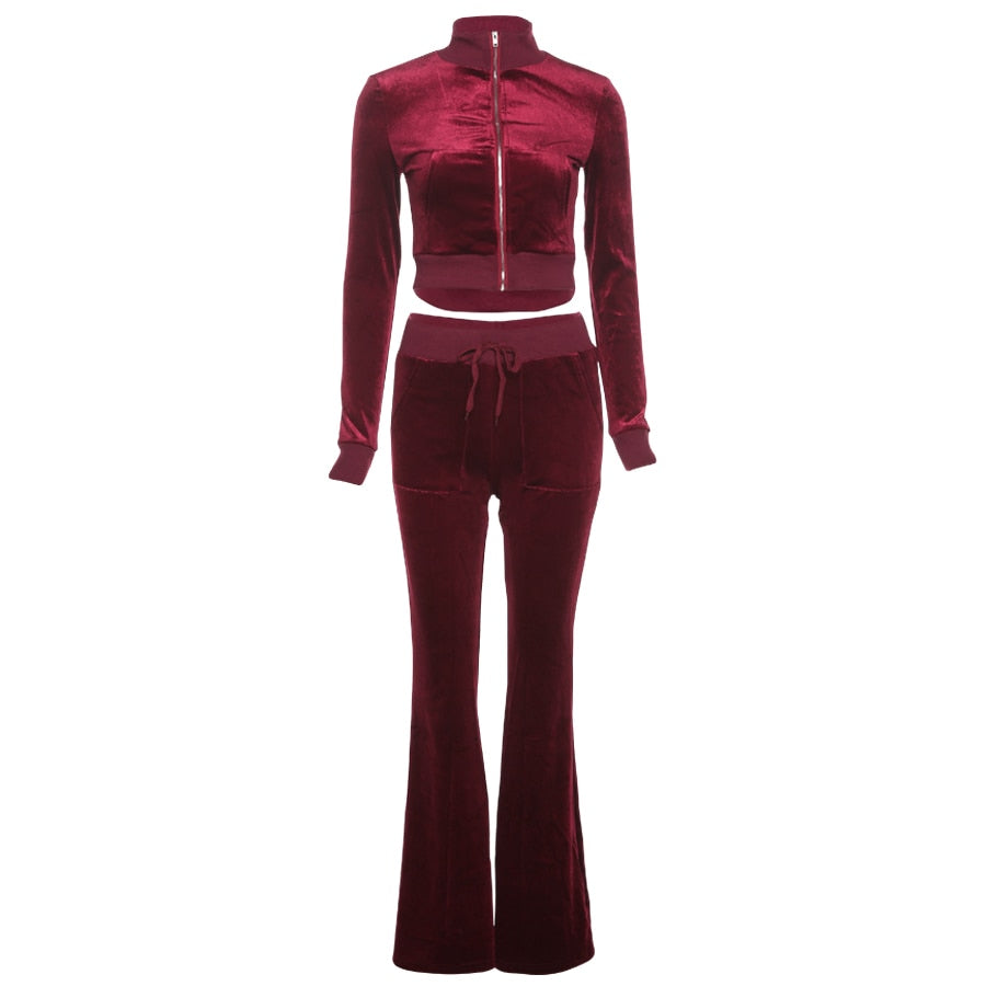 Sisterlinda Velvet Casual Women Tracksuit 2 Piece Set Long Sleeve Zipper Sweatshirt Top+Bandage Straight Pants Female Streetwear - trendy chick