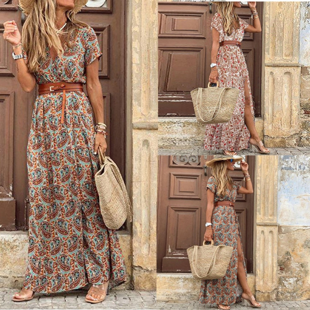 HOT SALE!! Boho Women V Neck Short Sleeve Paisley Print Belt Large Hem Beach Long Dress print dress summer beach dress with belt - trendy chick