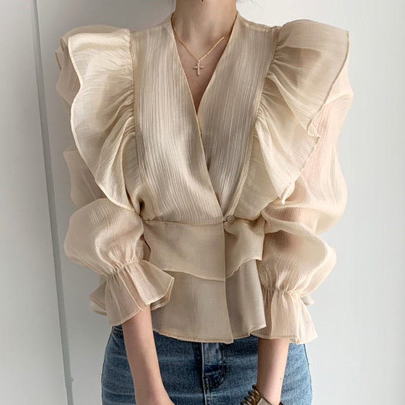 Fashion Vintage Chiffon Blouse Women 2021 New Puff Sleeve Ruffles V-neck Shirt Women Silm Casual Womens Blouses Tops Mujer 10334 - trendy chick