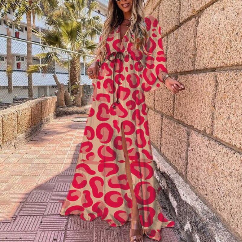 Elegant Deep V Neck Printing Hem Maxi Dresses Women Casual Button Elastic Waist Long Party Dress Summer Loose Slit Beach Dress - trendy chick