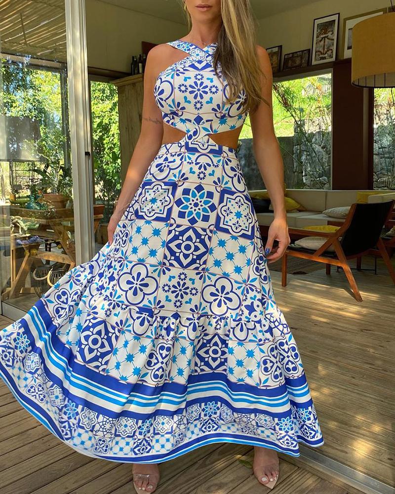 Vintage Printed Dresses Summer 2022 Women Sleeveless Halter Sexy Long Dress A-Line Elegant Woman Pary Dress - trendy chick