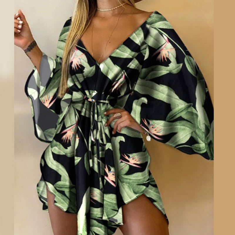 Casual Leaf Leopard Print Harajuku Batwing Sleeve Dress Lady Elegant Lace-Up Irregular Party Dress Sexy V-Neck Women Mini Dress - trendy chick