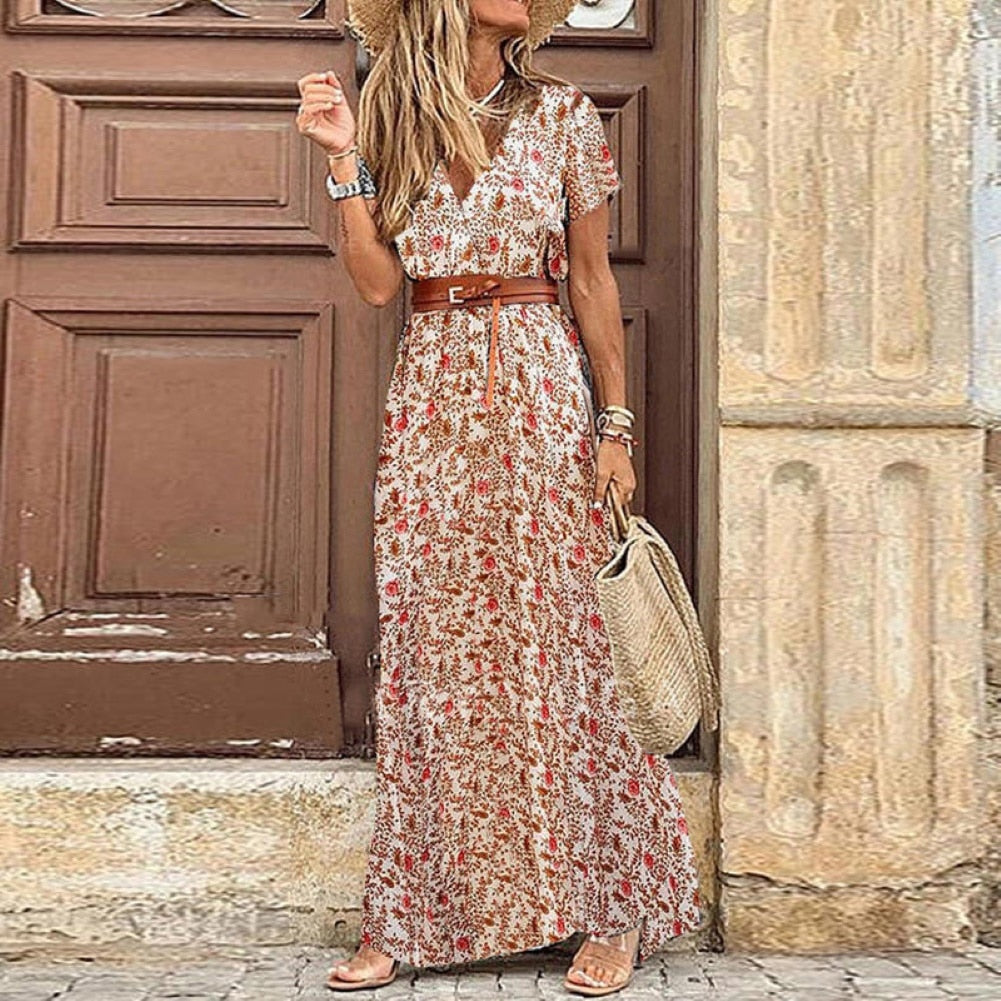 HOT SALE!! Boho Women V Neck Short Sleeve Paisley Print Belt Large Hem Beach Long Dress print dress summer beach dress with belt - trendy chick