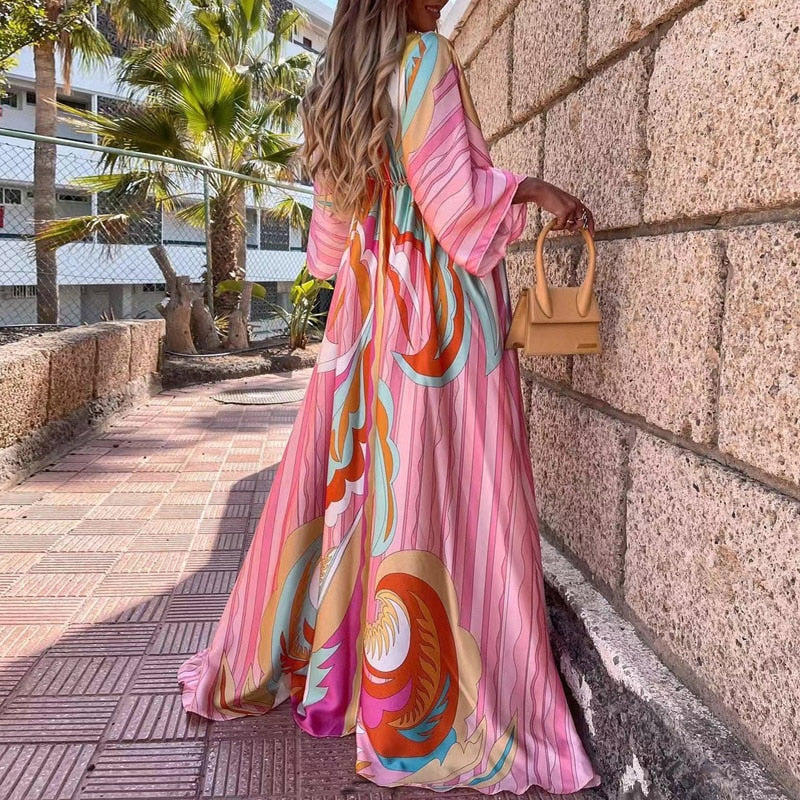 Elegant Deep V Neck Printing Hem Maxi Dresses Women Casual Button Elastic Waist Long Party Dress Summer Loose Slit Beach Dress - trendy chick