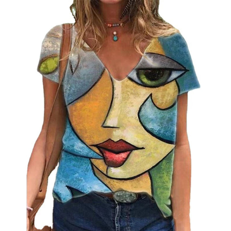 V Neck Tshirt Women&#39;s Summer Casual Oversize Print Shirt Tops Loose Vintage Female Tee Streetwear Y2K Short Sleeve Clothes S-5XL - trendy chick