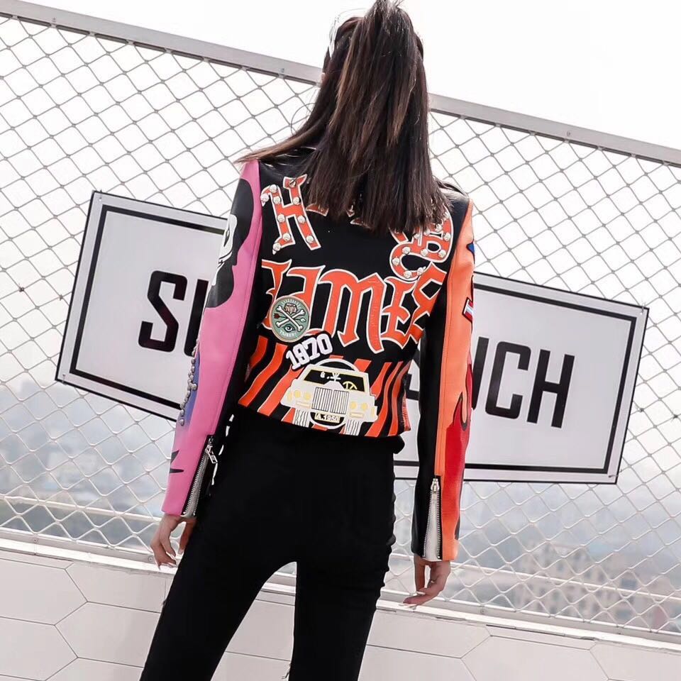 LORDLDS Cropped Leather Jackets Women Hip hop Colorful Studded Coat New Spring Ladies Motorcycle Punk Cropped Jacket with belt - trendy chick