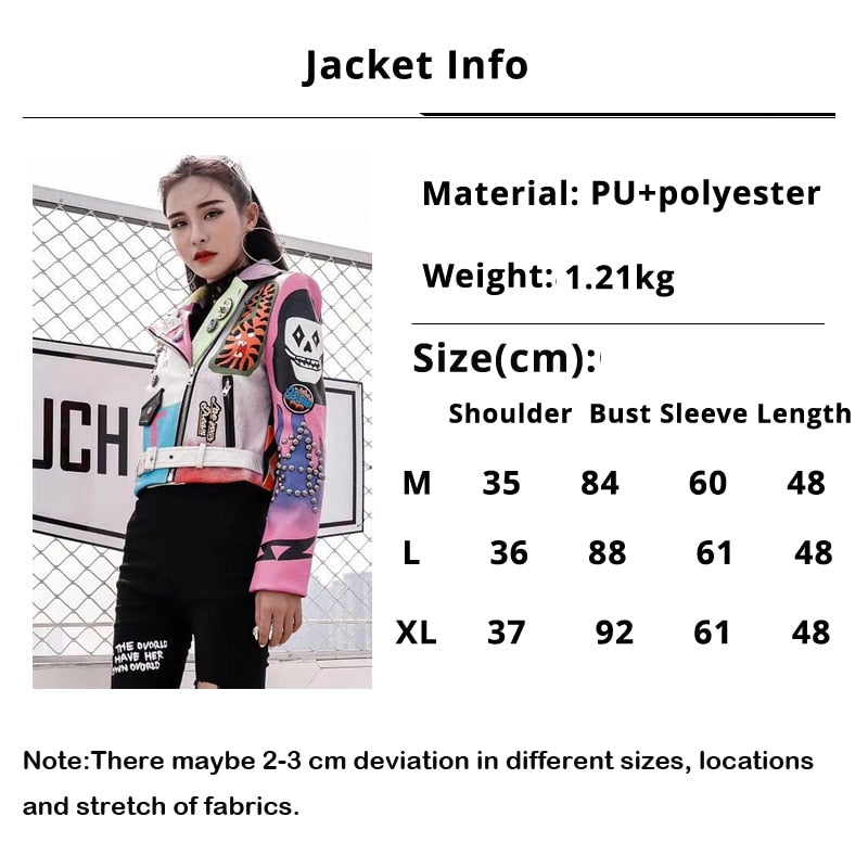 LORDLDS Cropped Leather Jackets Women Hip hop Colorful Studded Coat New Spring Ladies Motorcycle Punk Cropped Jacket with belt - trendy chick