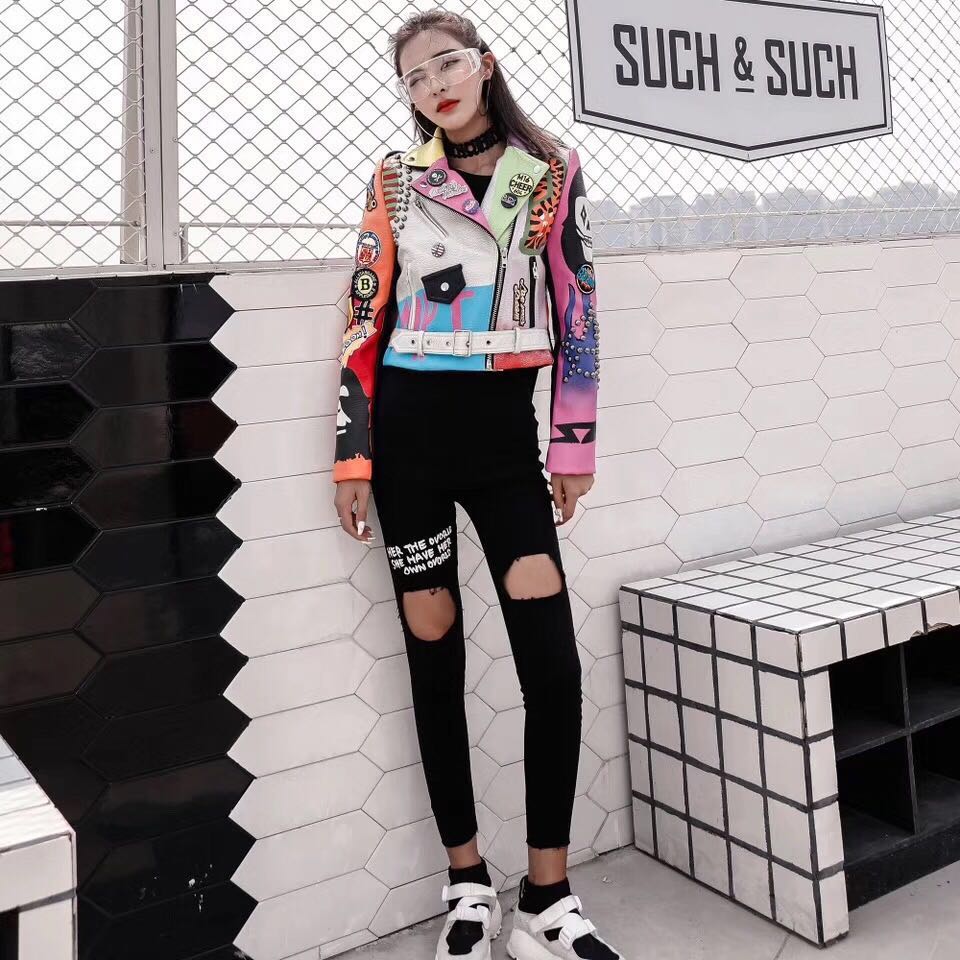 LORDLDS Cropped Leather Jackets Women Hip hop Colorful Studded Coat New Spring Ladies Motorcycle Punk Cropped Jacket with belt - trendy chick