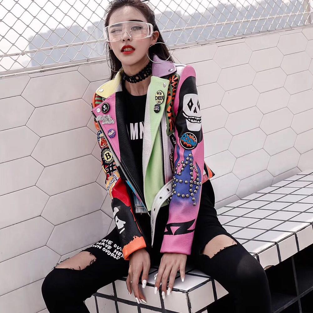 LORDLDS Cropped Leather Jackets Women Hip hop Colorful Studded Coat New Spring Ladies Motorcycle Punk Cropped Jacket with belt - trendy chick