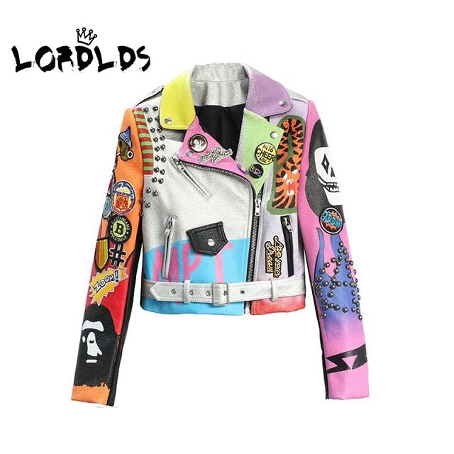 LORDLDS Cropped Leather Jackets Women Hip hop Colorful Studded Coat New Spring Ladies Motorcycle Punk Cropped Jacket with belt - trendy chick