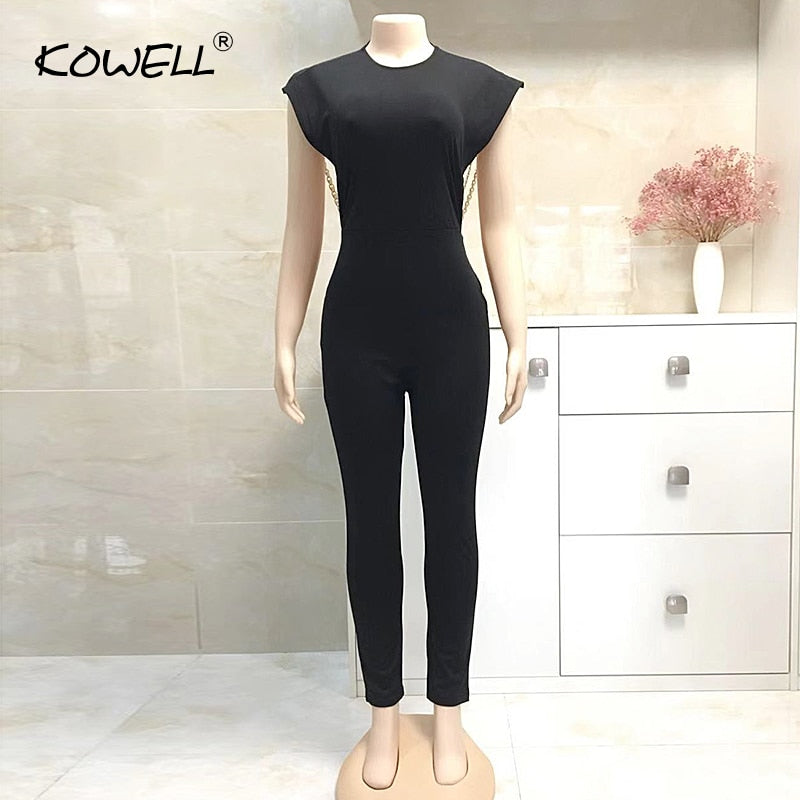 Hot Sale Pearl Chain Sexy Backless Jumpsuit Women Sleeveless Skinny Bodycon Rompers Women Party Overalls Casual Tassel Playsuits - trendy chick