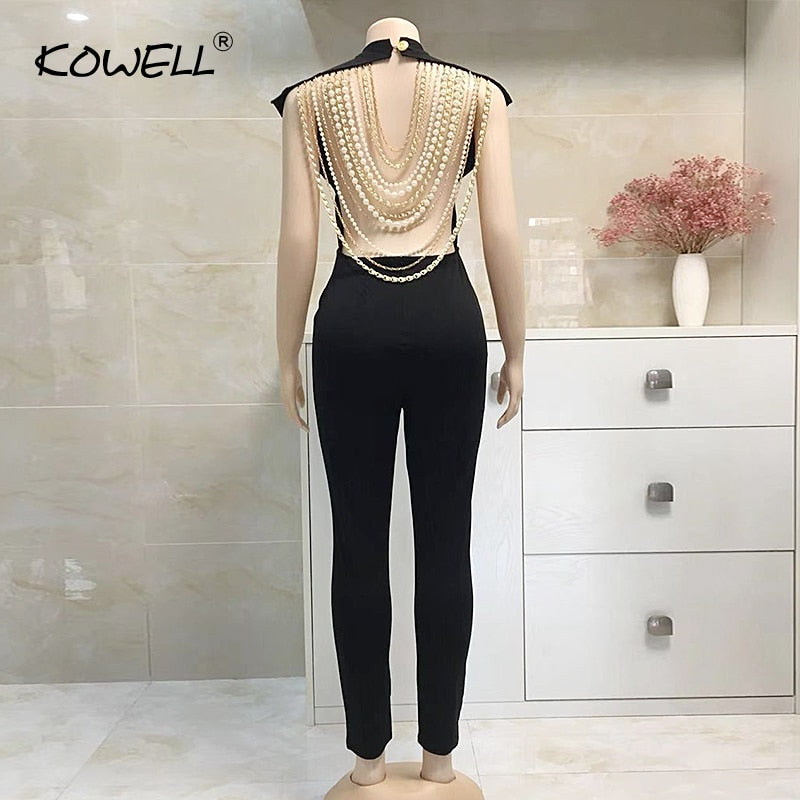 Hot Sale Pearl Chain Sexy Backless Jumpsuit Women Sleeveless Skinny Bodycon Rompers Women Party Overalls Casual Tassel Playsuits - trendy chick