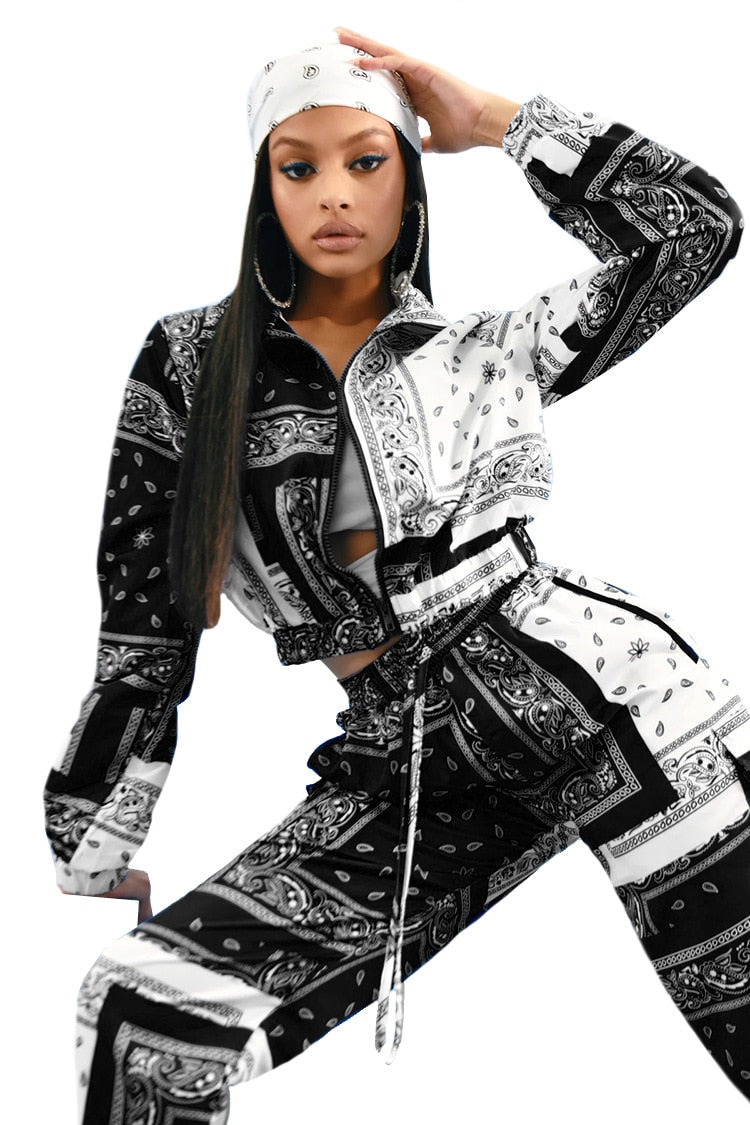 Paisley Bandana Print Two 2 Piece Set Women Fitness Sweatsuit Zipper Up Sweatshirt + Jogger Pants Set Tracksuit Vintage Outfits - trendy chick