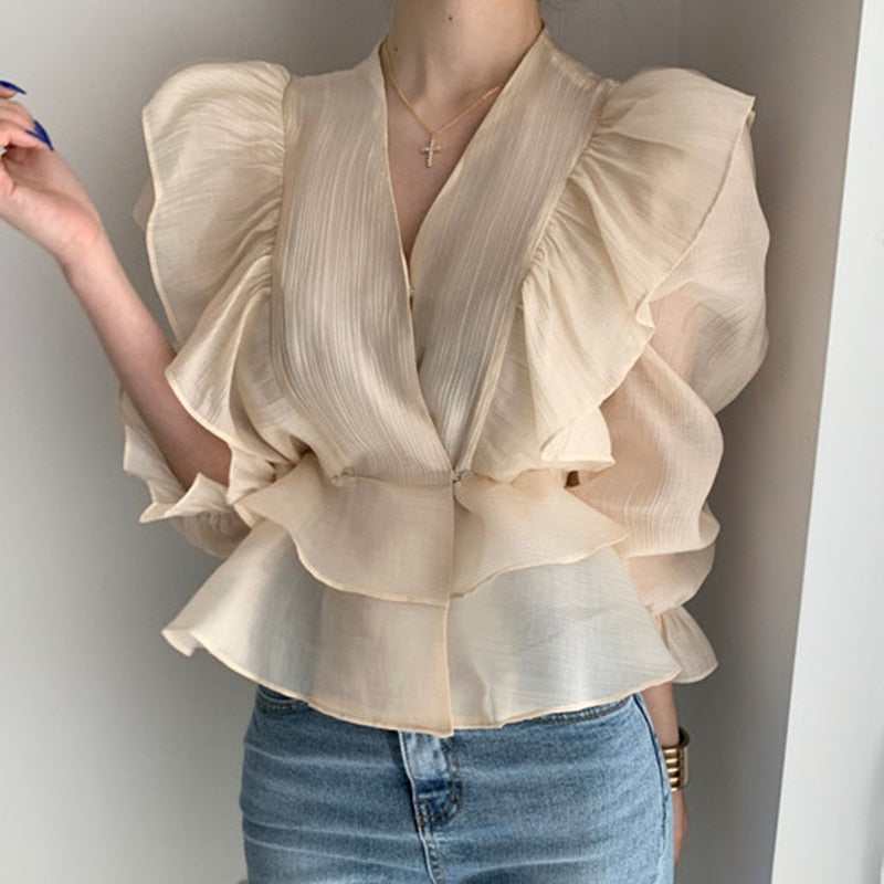 Fashion Vintage Chiffon Blouse Women 2021 New Puff Sleeve Ruffles V-neck Shirt Women Silm Casual Womens Blouses Tops Mujer 10334 - trendy chick